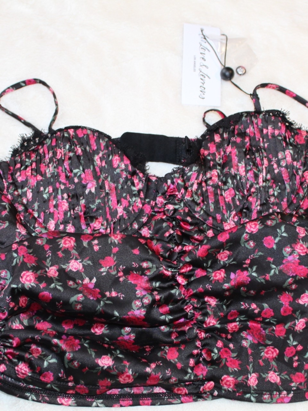 For Love And Lemons Black Satin Floral Bustier Camisole with Pink Roses